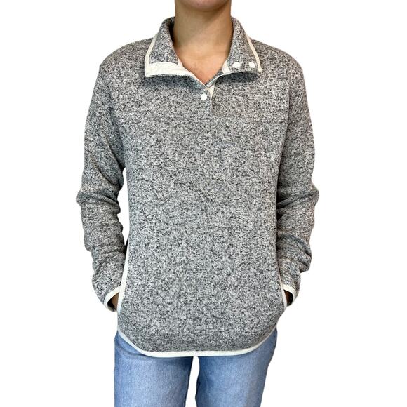 Eddie Bauer Sweaters - Eddie Bauer Snap Pullover Sweater Womens XS Gray Cream Fleece Pocket High Neck